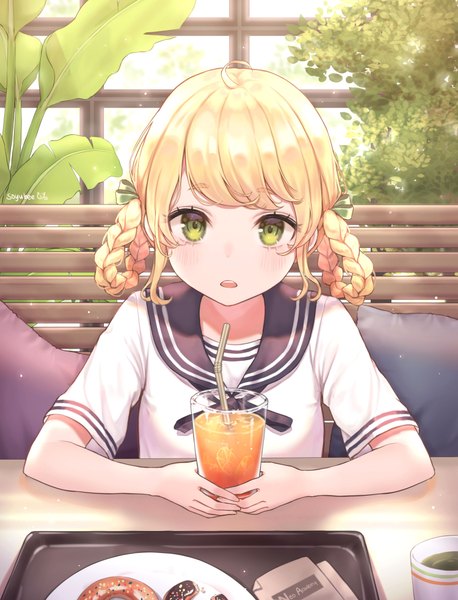 Anime picture 1500x1966 with original soyubee single tall image looking at viewer blush fringe short hair open mouth blonde hair green eyes signed payot ahoge upper body hair rings girl uniform plant (plants) serafuku