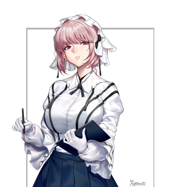 Anime picture 1131x1200 with fate (series) fate/grand order florence nightingale (fate) yagitome87 single tall image looking at viewer blush fringe short hair breasts open mouth simple background large breasts standing white background holding signed pink hair blunt bangs