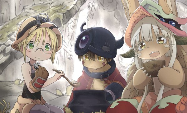 Anime picture 1280x775 with made in abyss kinema citrus nanachi (made in abyss) regu (made in abyss) riko (made in abyss) kukie-nyan long hair looking at viewer fringe short hair open mouth blonde hair smile hair between eyes brown hair wide image sitting multiple girls holding brown eyes