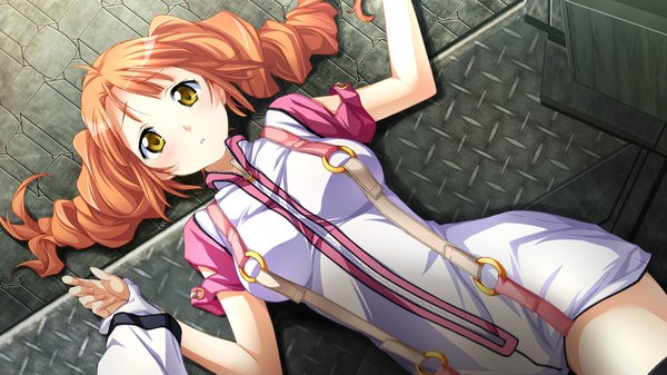 Anime picture 1280x720 with baldr (series) baldr sky zero giga tsunashima shirou long hair wide image twintails yellow eyes game cg lying orange hair drill hair girl dress