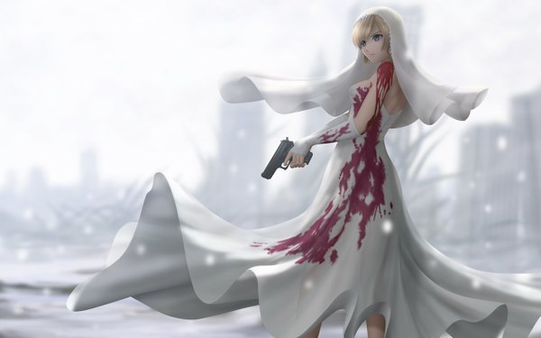 Anime picture 1280x800 with parasite eve (game) aya brea siraha single short hair blue eyes blonde hair wide image depth of field snowing winter bloody clothes 3d girl dress weapon gun blood wedding dress wedding veil