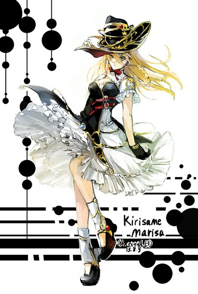 Anime picture 800x1184 with touhou kirisame marisa untitiled single long hair tall image looking at viewer blonde hair yellow eyes braid (braids) wind inscription single braid girl dress gloves bow hat black gloves frills
