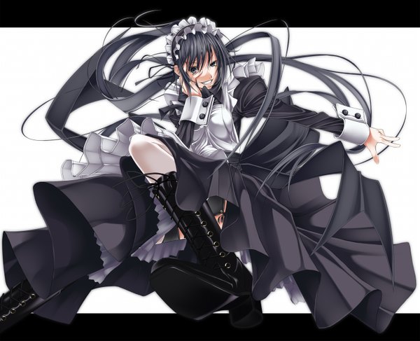 Anime picture 1507x1225 with doa (wabisabi) black hair white background black eyes maid thighhighs