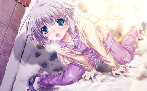Anime picture 1024x640 with hatsukoi yohou (game) blush short hair open mouth blue eyes wide image game cg grey hair girl pajamas