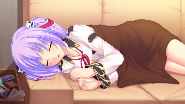 Anime picture 1920x1080 with ryuuyoku no melodia chloe meltrum tenmaso long hair highres wide image game cg purple hair eyes closed sleeping girl uniform school uniform couch