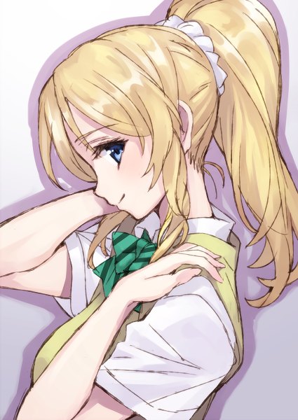 Anime picture 850x1200 with love live! school idol project sunrise (studio) love live! ayase eli matsuryuu single long hair tall image looking at viewer blush blue eyes blonde hair simple background ponytail profile shadow girl uniform school uniform shirt