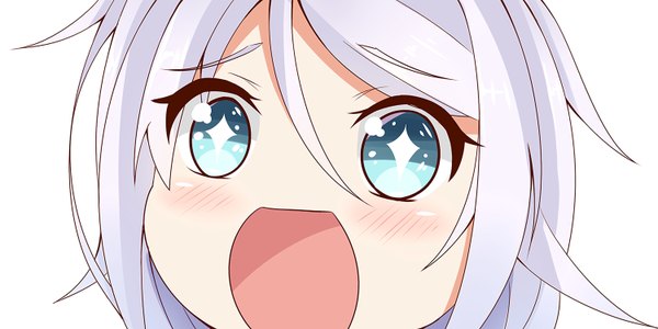 Anime picture 1500x750 with kantai collection umikaze (kantai collection) nahaki single long hair blush fringe open mouth blue eyes simple background wide image white background silver hair symbol-shaped pupils looking up close-up face girl
