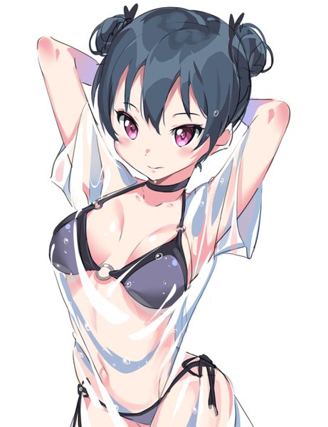 Anime picture 2000x2600 with love live! sunshine!! sunrise (studio) love live! tsushima yoshiko tem10 single tall image looking at viewer blush fringe highres breasts light erotic simple background standing white background blue hair pink eyes arms up wet