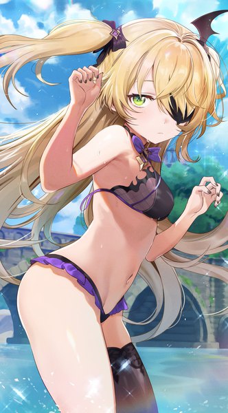 Anime picture 2145x3876 with genshin impact fischl (genshin impact) seicoh single long hair tall image looking at viewer blush fringe highres light erotic blonde hair standing green eyes sky cloud (clouds) outdoors nail polish fingernails wind