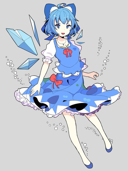 Anime picture 1500x2000 with touhou cirno akiposo2580 single tall image looking at viewer short hair open mouth blue eyes simple background smile blue hair full body ahoge grey background short sleeves puffy sleeves ideolo (style) girl skirt