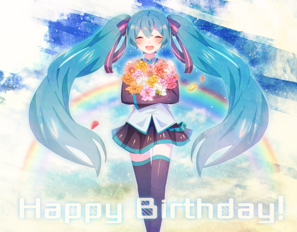 Anime picture 1000x783 with vocaloid hatsune miku rut single long hair blush fringe open mouth hair between eyes standing twintails holding blue hair sky cloud (clouds) eyes closed pleated skirt inscription floating hair ^ ^