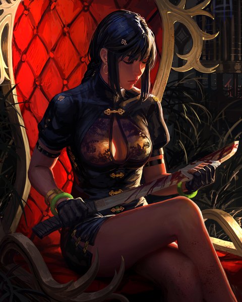 Anime picture 4000x5000 with original guweiz single long hair tall image fringe highres breasts light erotic black hair sitting holding payot absurdres cleavage bent knee (knees) indoors blunt bangs braid (braids) eyes closed