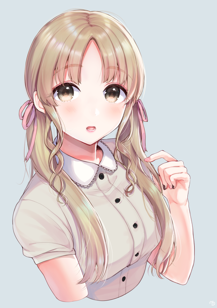Anime picture 1191x1684 with virtual youtuber nijisanji sister cleaire mizuiro 32 single long hair tall image looking at viewer blush open mouth simple background brown hair twintails brown eyes upper body nail polish alternate hairstyle playing with hair twintails day girl