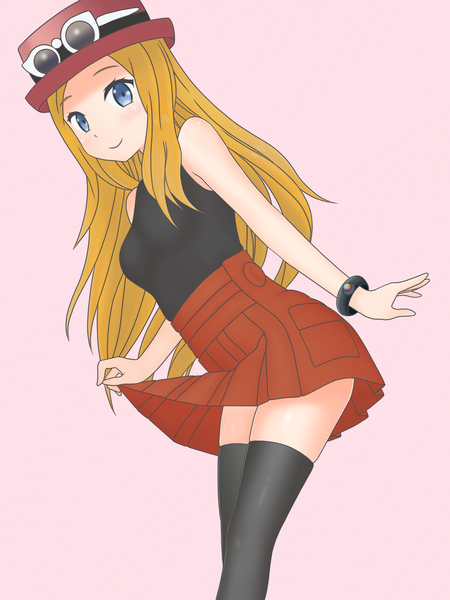 Anime picture 1536x2048 with pokemon pokemon xy nintendo serena (pokemon) mout single long hair tall image looking at viewer blush blue eyes simple background blonde hair smile standing bare shoulders leaning zettai ryouiki leaning forward pink background