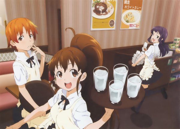 Anime picture 2092x1500 with working!! a-1 pictures yamada aoi taneshima popura inami mahiru adachi shingo long hair highres short hair open mouth brown hair multiple girls brown eyes purple hair ponytail scan orange hair girl thighhighs skirt