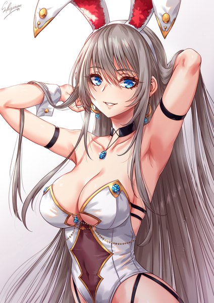 Anime picture 1500x2121 with original sakiyamama single tall image looking at viewer fringe breasts blue eyes light erotic simple background smile hair between eyes large breasts standing signed animal ears payot cleavage upper body very long hair