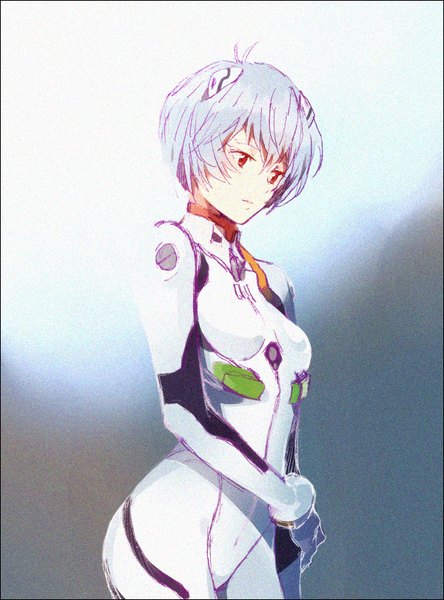 Anime picture 600x809 with neon genesis evangelion gainax ayanami rei hakusai (tiahszld) single tall image fringe short hair simple background hair between eyes red eyes blue hair ahoge looking down girl bodysuit pilot suit