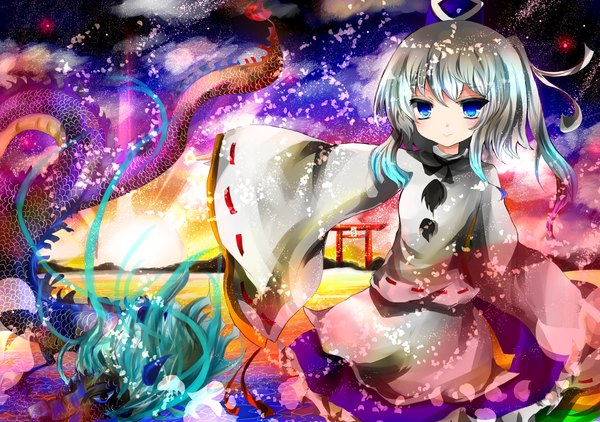 Anime picture 2174x1531 with touhou mononobe no futo mirukuebi (artist) single highres short hair blue eyes smile silver hair girl dragon