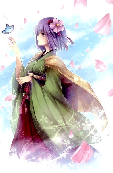 Anime picture 1989x3032 with touhou hieda no akyuu hagiwara rin single tall image highres short hair purple eyes sky purple hair cloud (clouds) japanese clothes profile hair flower girl dress hair ornament flower (flowers) bow petals