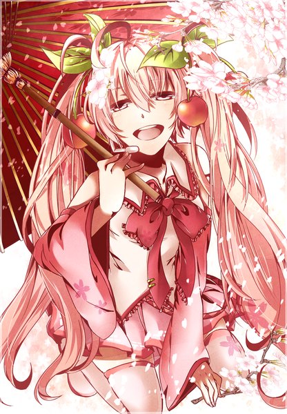 Anime picture 1041x1500 with vocaloid hatsune miku sakura miku kuroeda long hair tall image open mouth twintails pink hair pink eyes cherry blossoms girl thighhighs detached sleeves petals umbrella