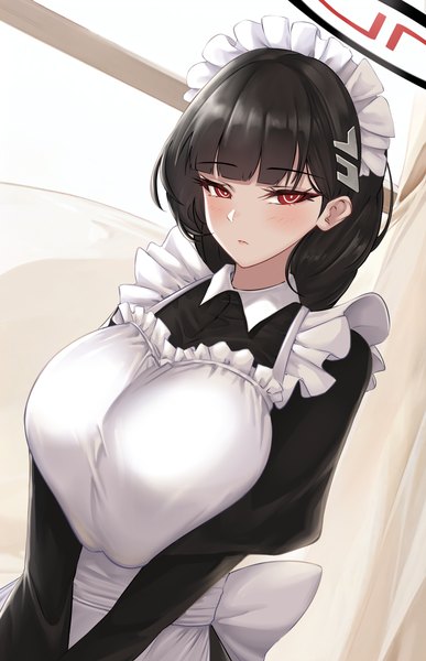 Anime-Bild 2149x3335 mit crimecrime single long hair tall image looking at viewer blush fringe highres breasts light erotic black hair red eyes large breasts standing upper body blunt bangs maid alternate costume puffy sleeves breast squeeze