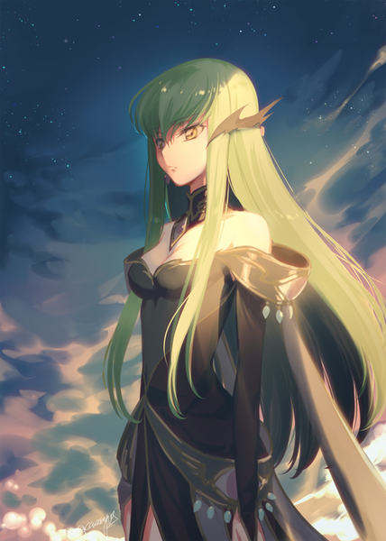 Anime picture 600x840 with code geass sunrise (studio) c.c. creayus single long hair tall image fringe breasts hair between eyes standing bare shoulders signed yellow eyes looking away cleavage upper body outdoors long sleeves green hair