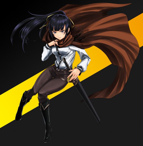 Anime picture 900x915 with overlord (maruyama) madhouse narberal gamma ao (korindou) single long hair tall image fringe blue eyes black hair simple background payot looking away full body ponytail blunt bangs long sleeves thigh gap black background sheathed