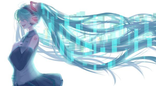 Anime picture 3000x1666 with vocaloid hatsune miku yugoe single highres open mouth smile wide image white background twintails bare shoulders eyes closed very long hair aqua hair girl skirt detached sleeves necktie headphones