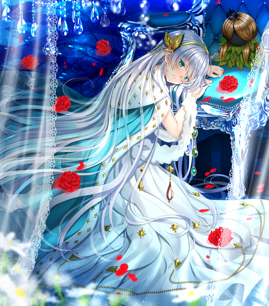 Anime picture 1247x1420 with fate (series) fate/grand order anastasia (fate) viy (fate) swordsouls single tall image blush fringe hair between eyes sitting payot looking away silver hair very long hair parted lips aqua eyes blurry depth of field transparent