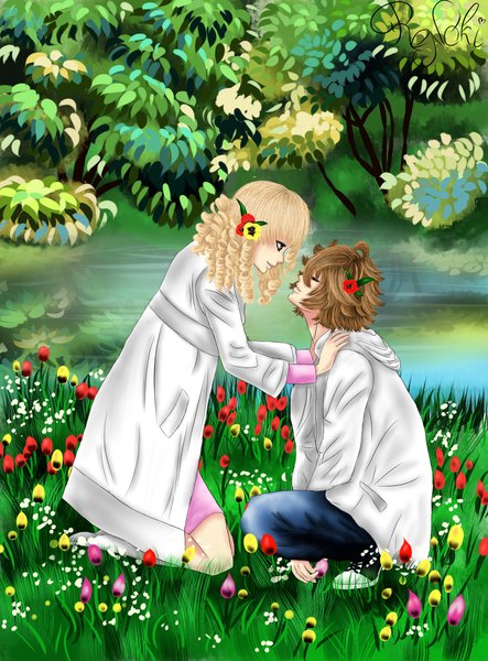 Anime picture 1600x2166 with original yaroslavapanina long hair tall image short hair blonde hair smile brown hair brown eyes eyes closed profile hair flower couple kneeling happy squat face to face river nature almost kiss