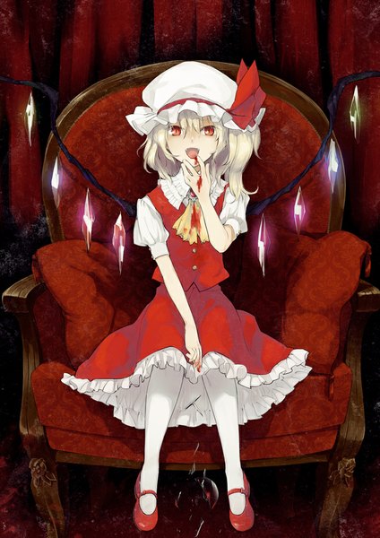 Anime picture 716x1012 with touhou flandre scarlet nakatani single tall image looking at viewer short hair open mouth blonde hair red eyes sitting girl skirt pantyhose wings blood bonnet skirt set crystal armchair