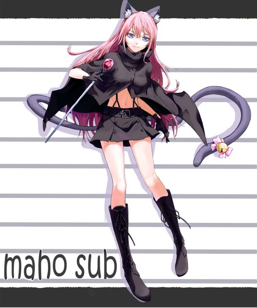 Anime picture 1476x1771 with original chunrijun (springer) single long hair tall image looking at viewer fringe smile standing purple eyes holding animal ears pink hair tail animal tail cat ears bare belly cat girl cat tail standing on one leg