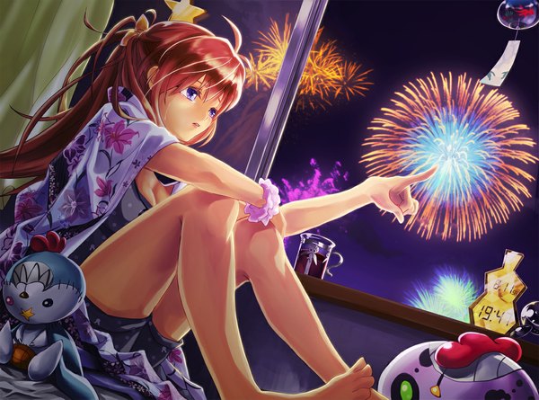 Anime picture 1168x868 with original c&l single long hair fringe breasts sitting purple eyes looking away sky ahoge ponytail red hair indoors barefoot lips night bare legs legs tears