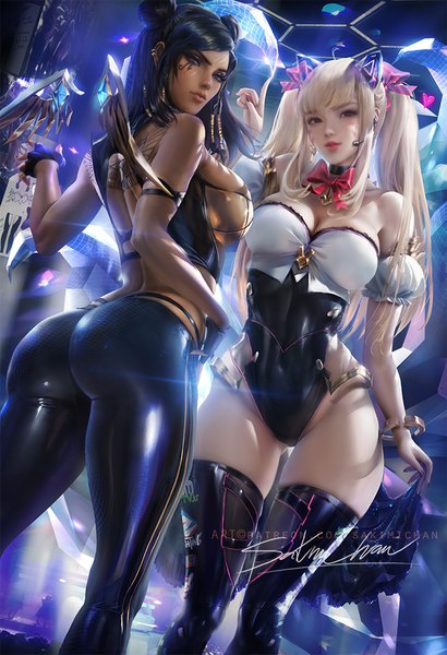 Anime picture 684x1000 with league of legends overwatch blizzard entertainment k/da (league of legends) ahri (league of legends) d.va (overwatch) k/da ahri pharah (overwatch) kai'sa k/da kai'sa black cat d.va sakimichan long hair tall image looking at viewer fringe breasts light erotic black hair blonde hair