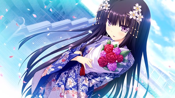 Anime picture 1280x720 with koiken otome minato shiho single long hair black hair wide image purple eyes game cg traditional clothes japanese clothes hair flower girl hair ornament flower (flowers) petals kimono bouquet kanzashi