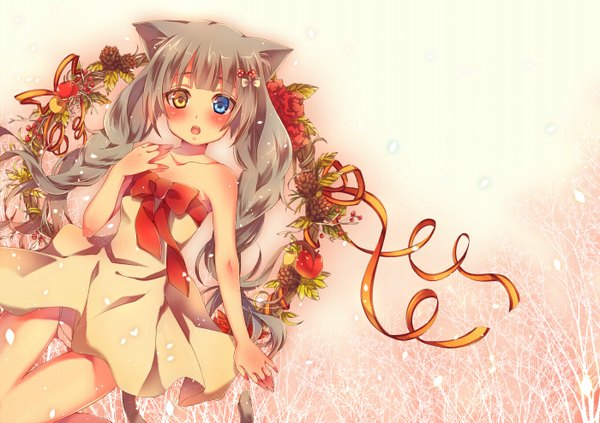 Anime picture 1400x989 with original nemuri nemu single long hair looking at viewer blush open mouth animal ears tail braid (braids) animal tail grey hair cat ears cat girl cat tail heterochromia girl dress bow ribbon (ribbons)