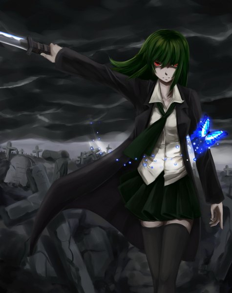 Anime picture 1076x1358 with original shou mai single long hair tall image red eyes green hair ruins girl thighhighs black thighhighs sword insect butterfly cross