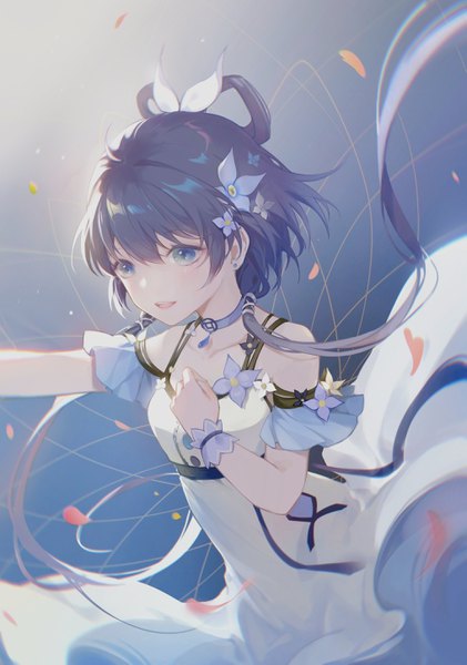 Anime picture 2030x2894 with vocaloid vocaloid china luo tianyi web (artist) single long hair tall image blush fringe highres open mouth blue eyes simple background smile hair between eyes twintails bare shoulders payot looking away ahoge