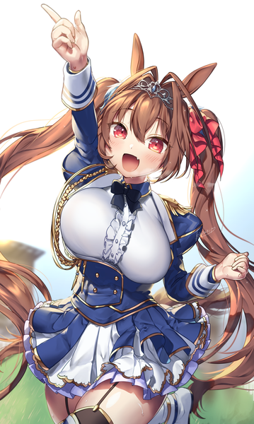 Anime picture 1197x2000 with umamusume daiwa scarlet (umamusume) kirisaki shuusei single tall image fringe breasts open mouth light erotic hair between eyes red eyes brown hair large breasts twintails animal ears tail very long hair :d animal tail arm up