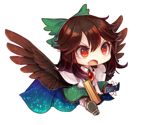 Anime picture 914x757 with touhou reiuji utsuho keemoringo single long hair open mouth simple background red eyes brown hair white background looking away :o sparkle fang (fangs) chibi starry sky print arm cannon >:o girl bow
