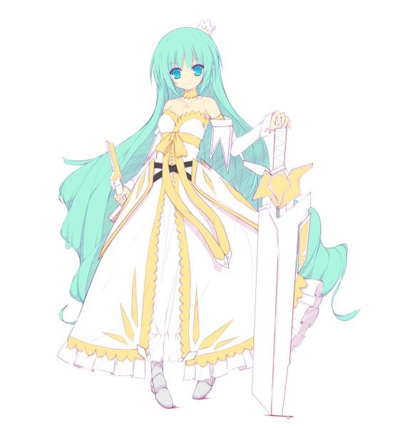 Anime picture 2500x2706 with pixiv fantasia wizard and knight liong (artist) single long hair tall image highres simple background white background green eyes green hair girl weapon detached sleeves sword crown
