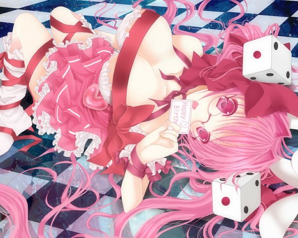 Anime picture 1024x819 with di gi charat madhouse usada hikaru rabi en rose rara419 single long hair breasts light erotic large breasts twintails pink hair lying pink eyes checkered floor girl dress bow ribbon (ribbons) glasses