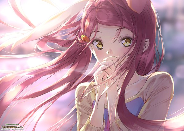 Anime picture 1400x1000 with love live! sunshine!! sunrise (studio) love live! sakurauchi riko ek masato single long hair looking at viewer blush animal ears yellow eyes upper body red hair wind bunny ears depth of field covered mouth girl hair ornament hairclip