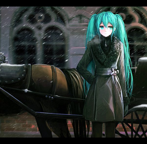 Anime picture 1122x1100 with vocaloid hatsune miku zen33n single long hair twintails looking away aqua eyes aqua hair fur trim snowing letterboxed winter hand in pocket girl gloves animal black gloves jacket fur