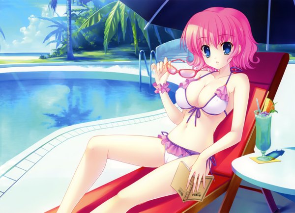 Anime picture 5608x4057 with yuyukana himezono risa mitha single looking at viewer highres short hair breasts open mouth blue eyes light erotic pink hair absurdres sunglasses removed girl navel swimsuit plant (plants) bikini tree (trees)