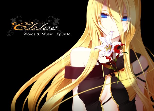 Anime picture 2000x1443 with vocaloid lily (vocaloid) yuuki kira single long hair highres blue eyes light erotic blonde hair bare shoulders inscription mouth hold flower in mouth girl flower (flowers)