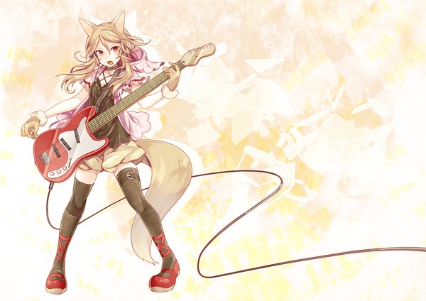 Anime picture 4092x2893 with utau ouka miko toudou charo single long hair blush highres open mouth blonde hair red eyes animal ears absurdres animal tail girl thighhighs gloves black thighhighs guitar electric guitar