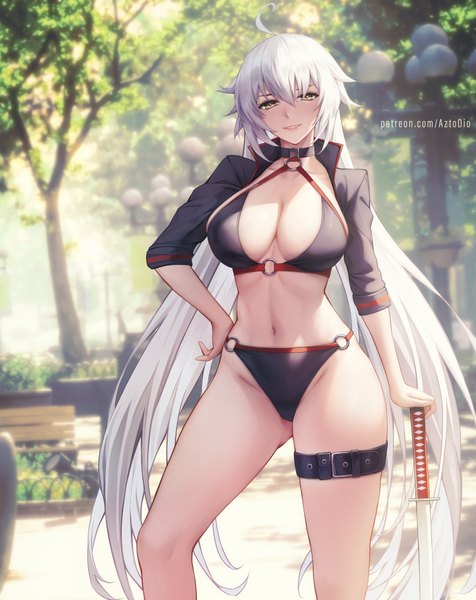 Anime picture 4785x6031 with fate (series) fate/grand order jeanne d'arc (fate) (all) jeanne d'arc alter (fate) jeanne d'arc alter (swimsuit berserker) (fate) azto dio single tall image looking at viewer fringe highres breasts light erotic smile hair between eyes large breasts standing signed yellow eyes absurdres