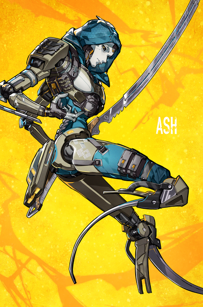 Аниме картинка 1128x1700 с apex legends ash (titanfall 2) mika pikazo один (одна) высокое изображение простой фон всё тело официальный арт имена персонажей жёлтый фон девушка оружие меч капюшон андроид