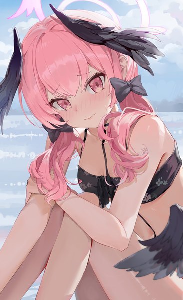 Anime picture 2250x3686 with blue archive koharu (blue archive) koharu (swimsuit) (blue archive) shi classmate single long hair tall image looking at viewer fringe highres light erotic hair between eyes sitting twintails pink hair pink eyes low twintails official alternate costume black wings head wings